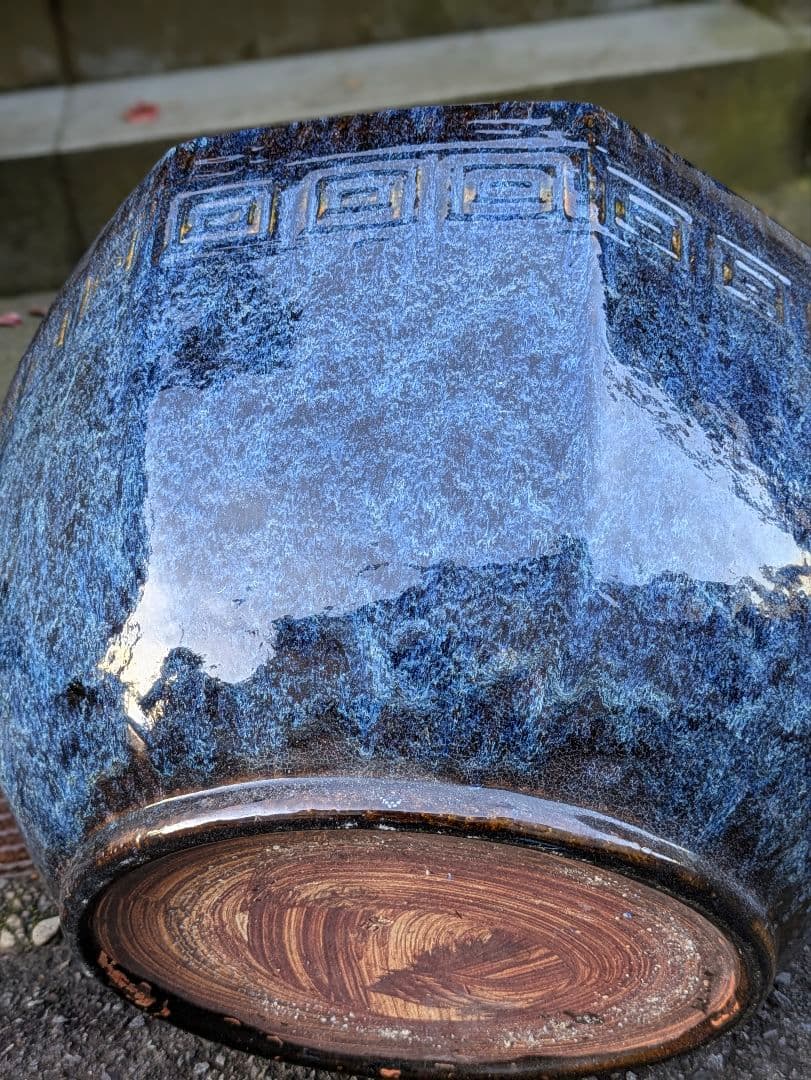 火鉢 青色八角形火鉢 陶器製 特大火鉢 大型火鉢昭和レトロアンテーク睡蓮鉢