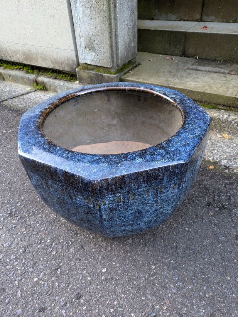 火鉢 青色八角形火鉢 陶器製 特大火鉢 大型火鉢 昭和レトロ アンテーク