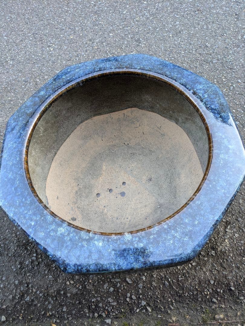火鉢 青色八角形火鉢 陶器製 特大火鉢 大型火鉢昭和レトロアンテーク睡蓮鉢
