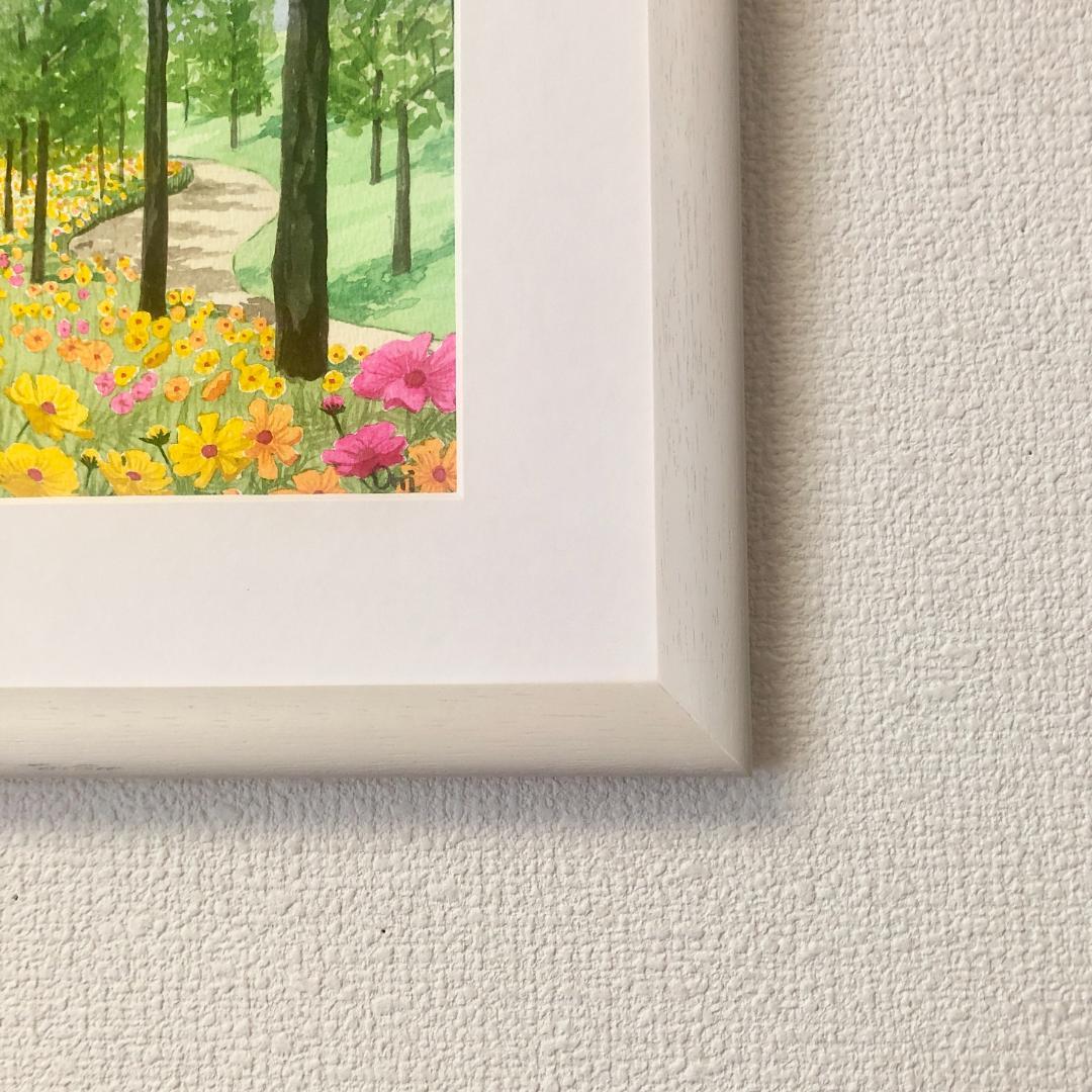 透明水彩画 原画 「キバナコスモスのフィールド02」額縁付 F4サイズ 高品質