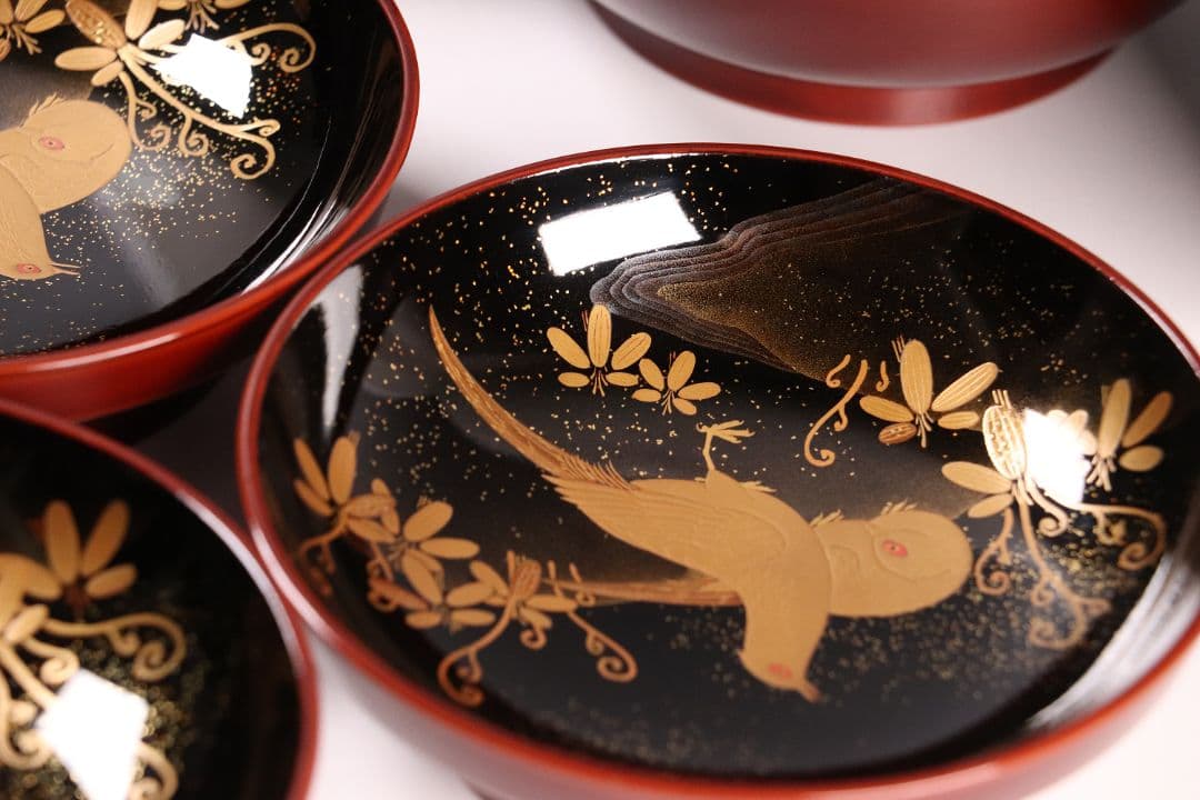 専用10客まとめ CM5 時代 加賀蒔絵 鳥図 溜塗内黒 椀 三客 木製 雉春草