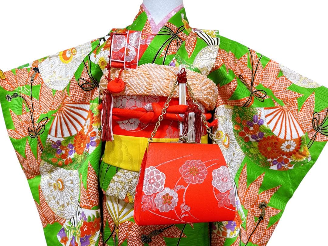 華やかなレトロ着物♡七五三　7歳　女の子　セット　一式　黄緑系
