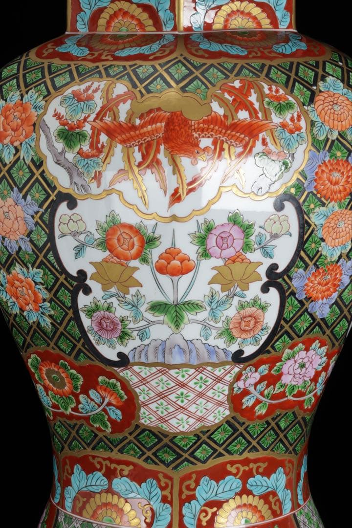 有田焼 耕右衛門 染錦窓絵鳳凰花尽之図 獅子摘蓋特大