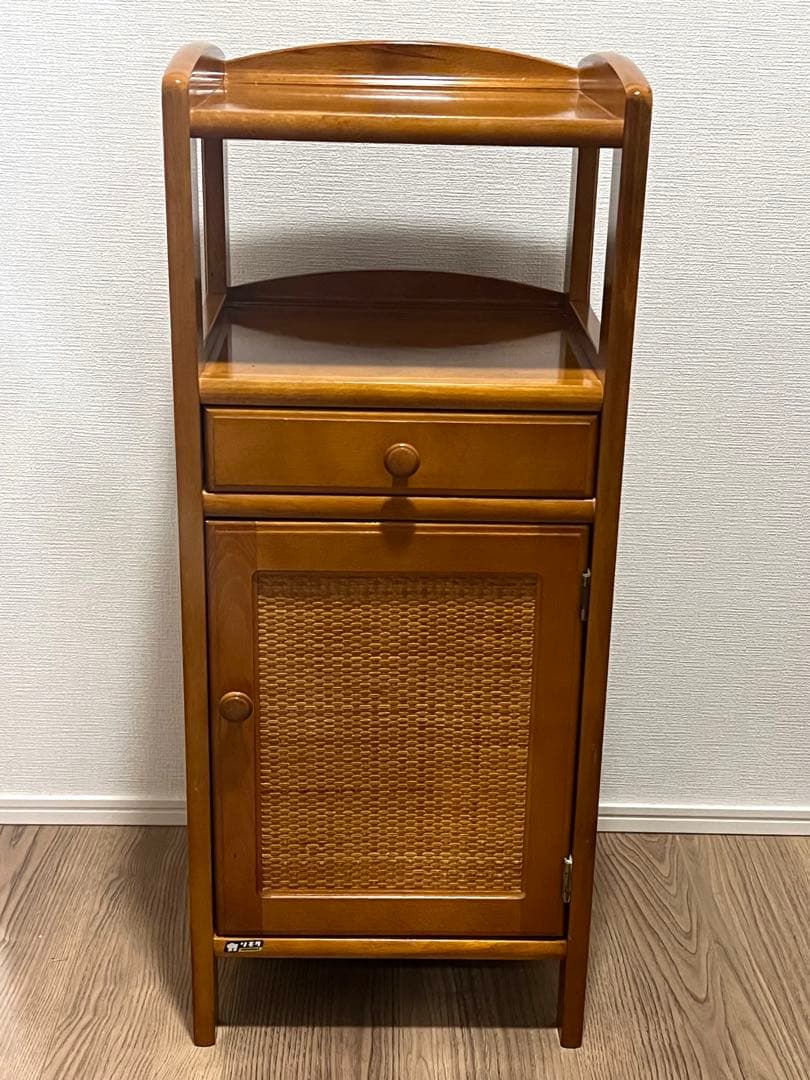 オールドカリモク 電話台 サイドキャビネット ラタン扉 木製 収納棚