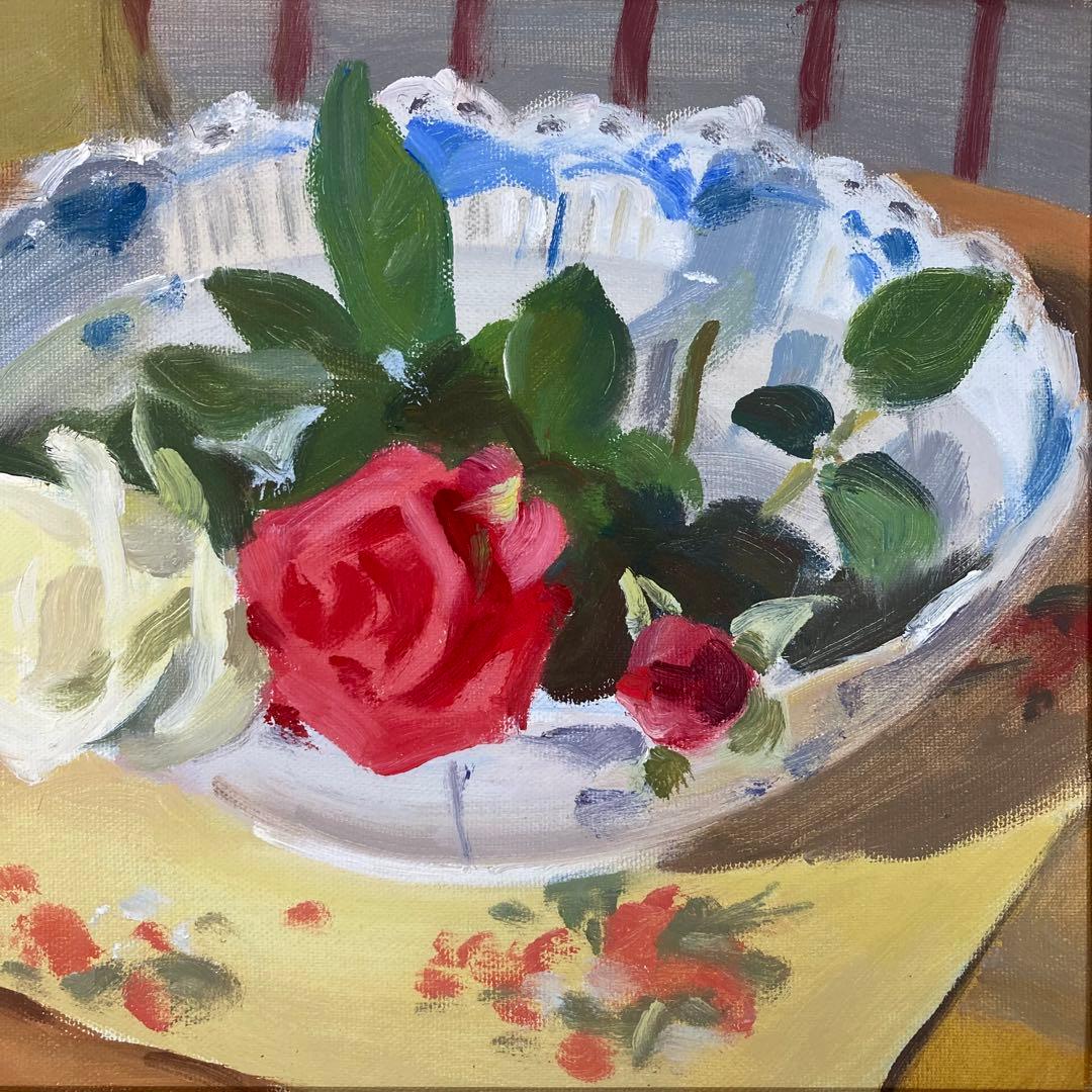 【真作保証】池田清明「バラ」油彩3号 直筆サイン 裏書き 絵画 一枚の繪 額装