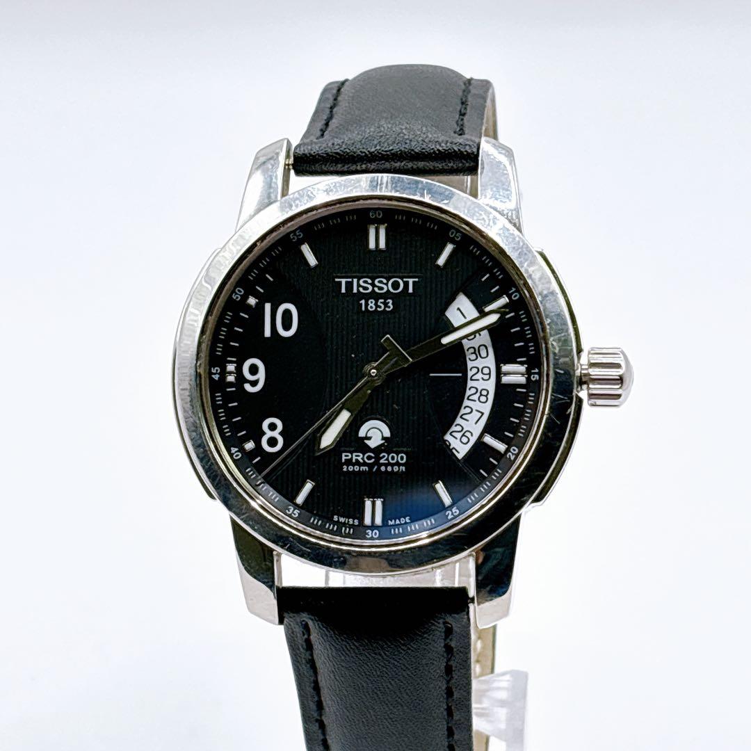 稼働品 TISSOT PRC200 ブラック デイト メンズ 腕時計 革ベルト