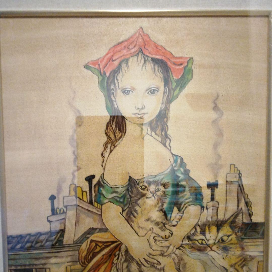 藤田嗣治 油彩F8号 パリ屋根の前の少女と猫 表サイン 裏 田村孝之介