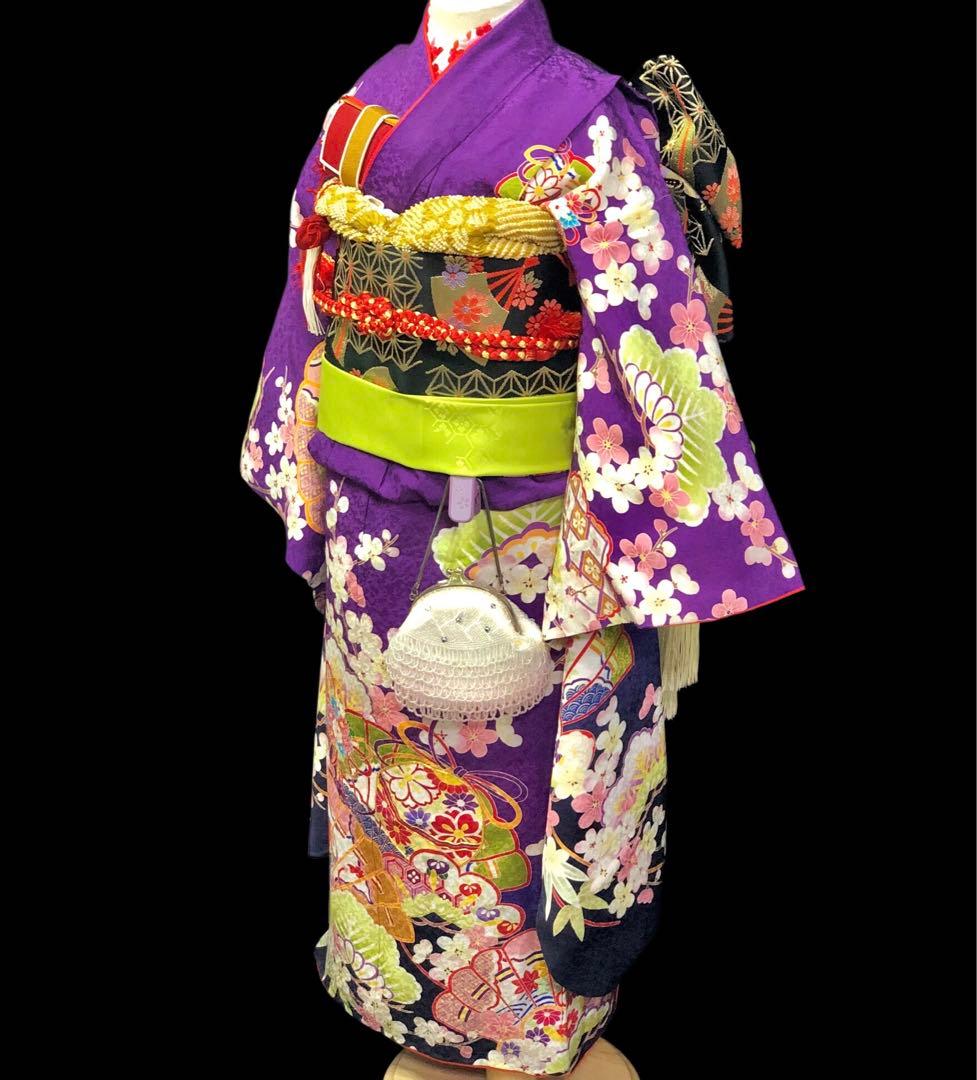 【正絹】 七五三　7歳　絵羽　紫　着物　四つ身　作り帯　セット　女の子