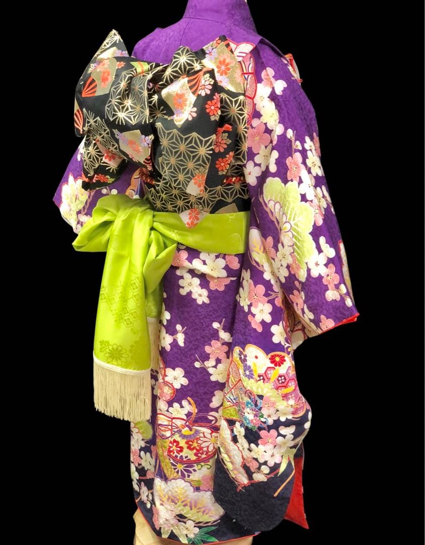 【正絹】 七五三　7歳　絵羽　紫　着物　四つ身　作り帯　セット　女の子