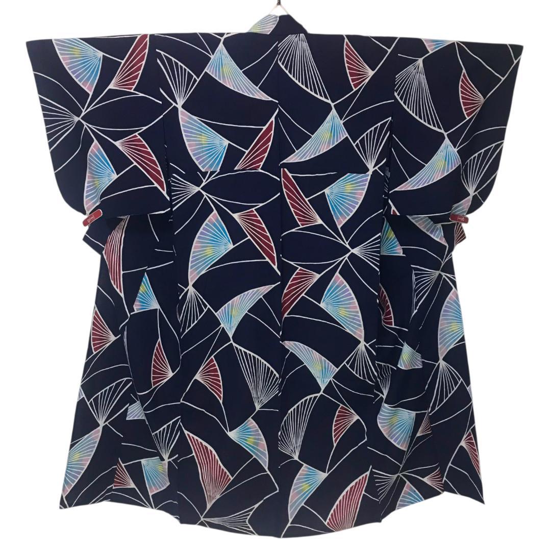 【浴衣】抽象模様　藍染 注染　紺 ネイビー　S　アンティーク ＋半幅帯セット