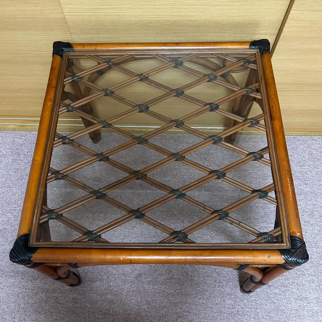 ヴィンテージ　ラタン　ダイニングテーブルセット　ガラステーブル　椅子2脚付き