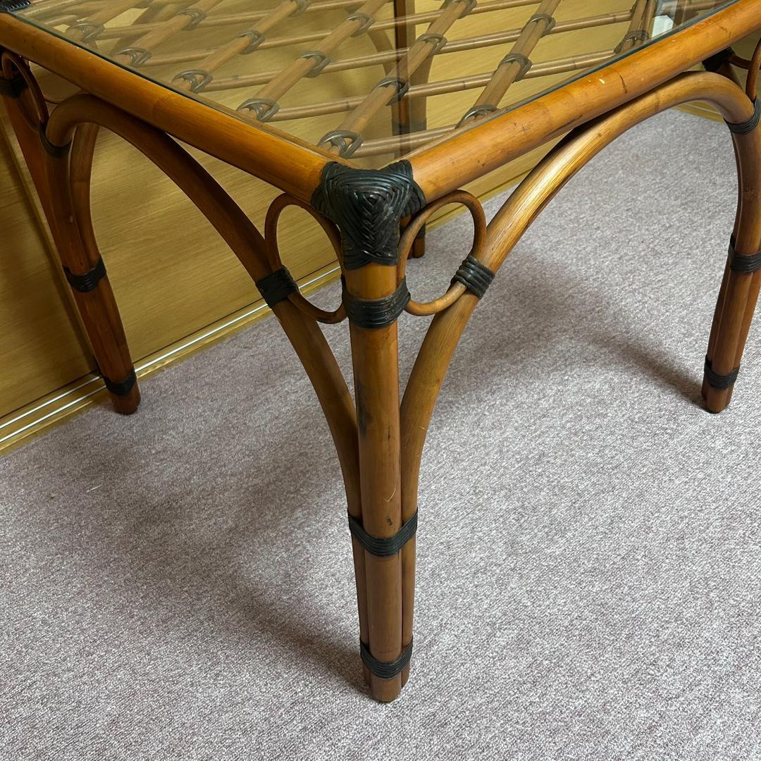 ヴィンテージ　ラタン　ダイニングテーブルセット　ガラステーブル　椅子2脚付き