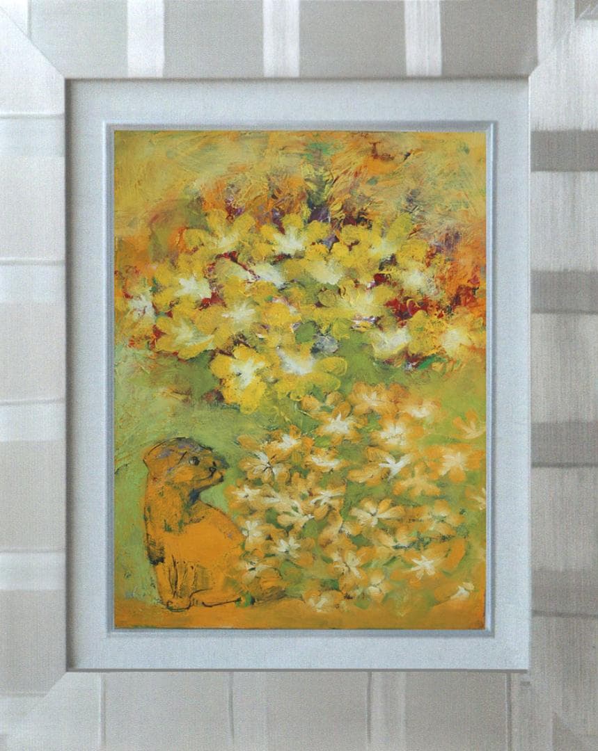 油絵 菅家令子 絵 絵画インテリア 額付(黒) uF6-050220 可愛い子犬