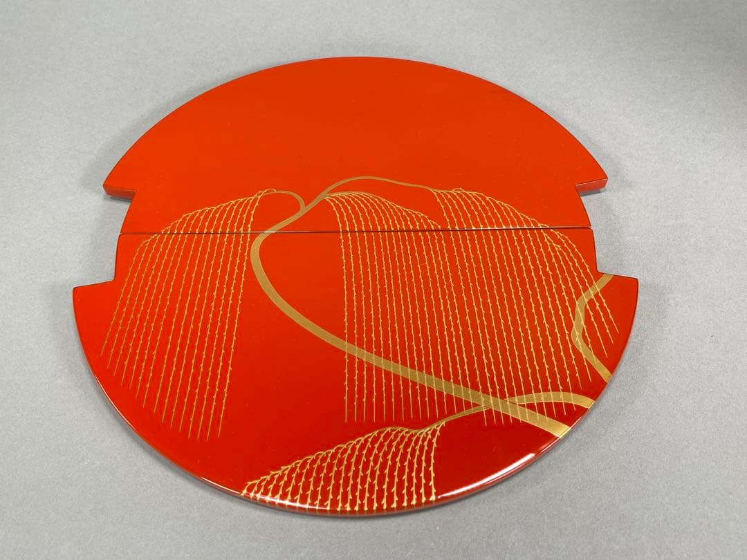 輪島塗 細井正雄作 朱色手桶水指 銀箍 柳蒔絵　布 共箱 茶道具 天然木 漆芸