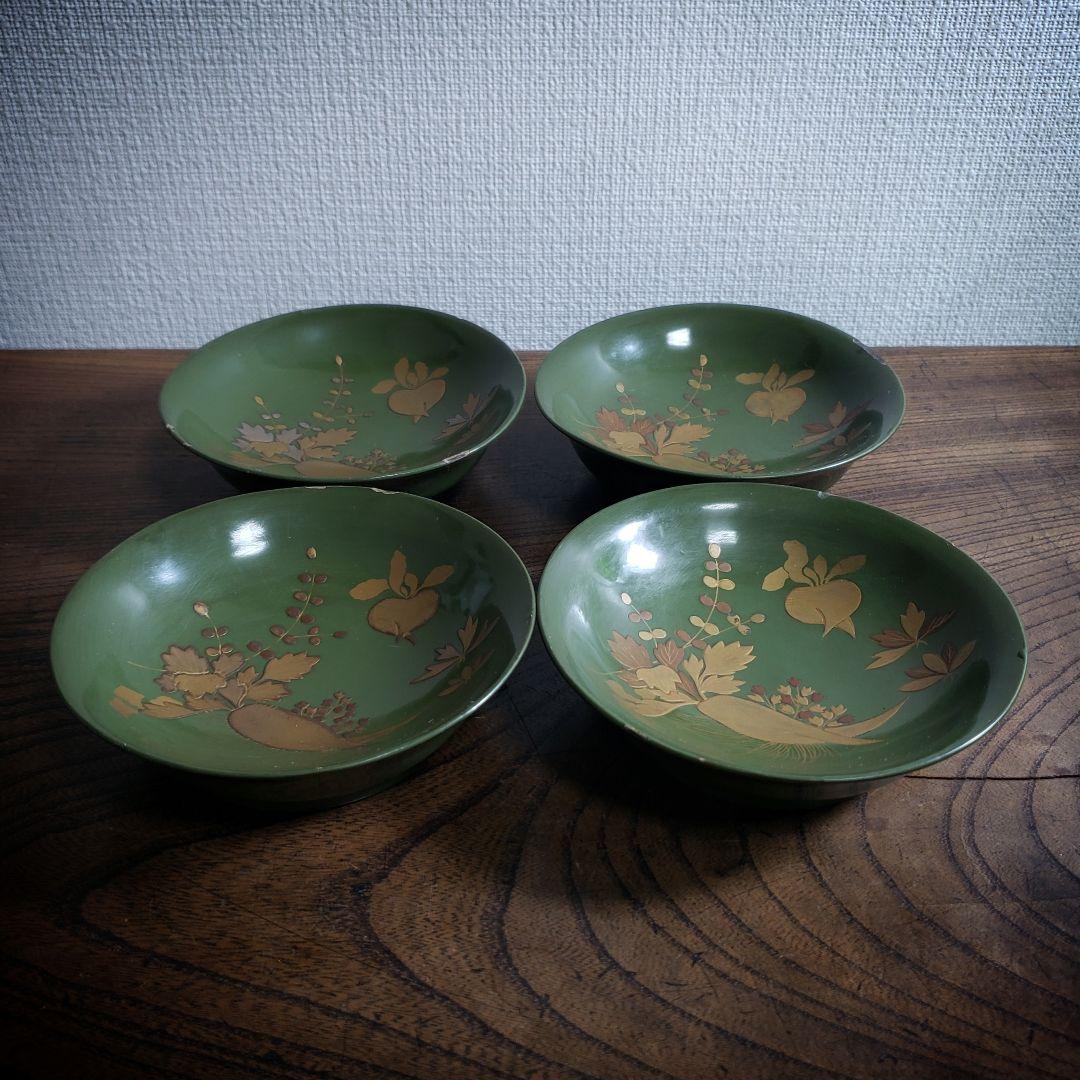 銘々皿　漆器　緑漆　青地　小皿　木製　金蒔絵　蕪　大根　なずな　明治　4枚　ロ号