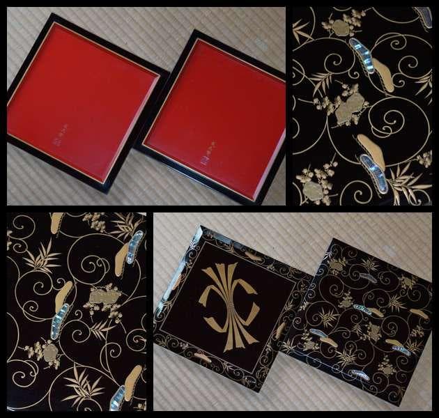 ショップ 明治五年 輪島塗鳳光斎造蠟色内朱金蒔絵青貝螺鈿象嵌『松竹梅