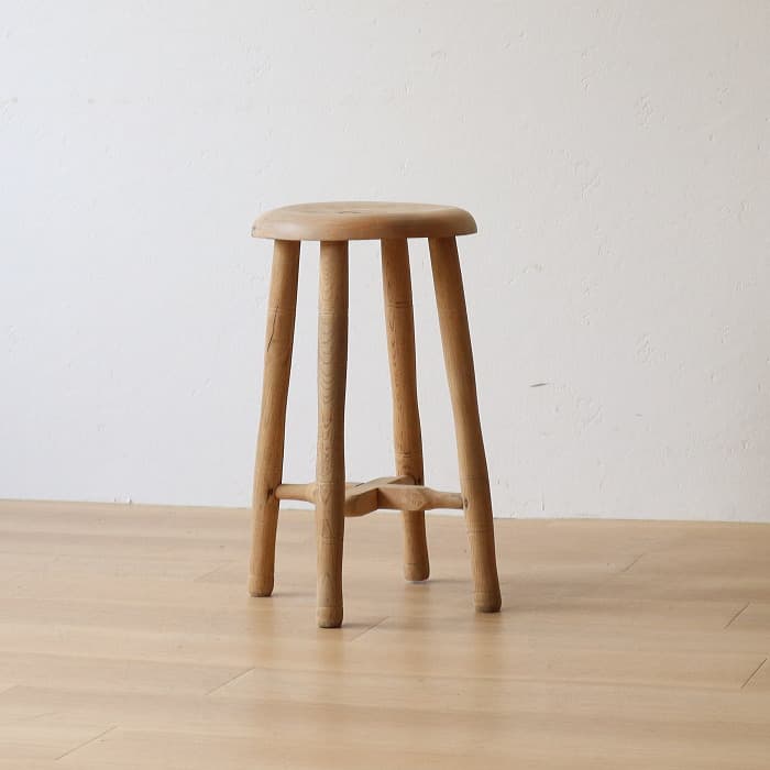 Aアンティーク 木製 無塗装 無垢材 丸スツール 古家具 ブナ タモ
