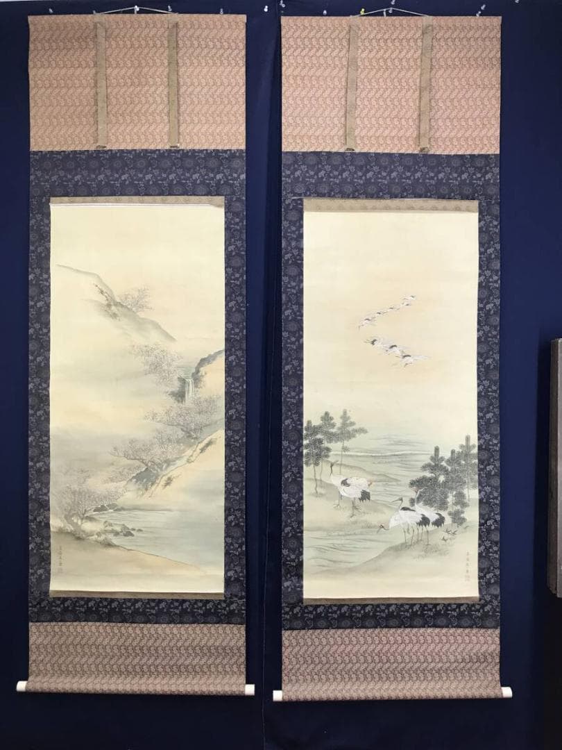 真作/森寛斎/松竹梅鶴亀図/群鶴/双幅/祝掛軸/正月/掛軸☆