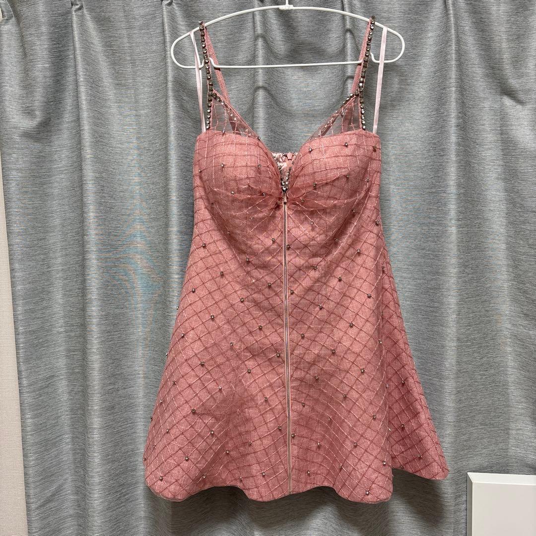 ROBEdeFLEURSショルダービジューフロントジッパーフレアミニキャバドレス