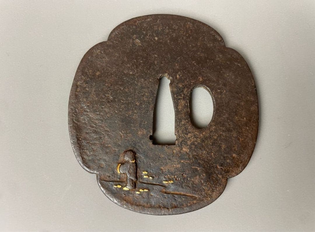 本歌 江戸期 鍔 竹藪 馬に乗った武士 金象嵌 武具 鉄鍔 つば 時代物