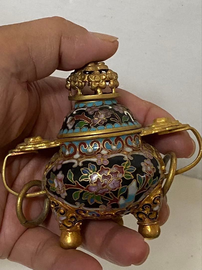 中国美術 七宝焼三足香爐 銅製 年代物