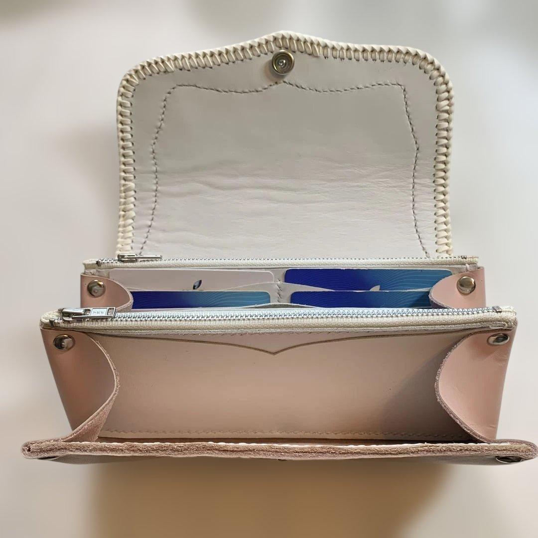 レザークラフト牛革ベビーピンクダルメシアン柄ハラコアコーディオン長財布牛レース編