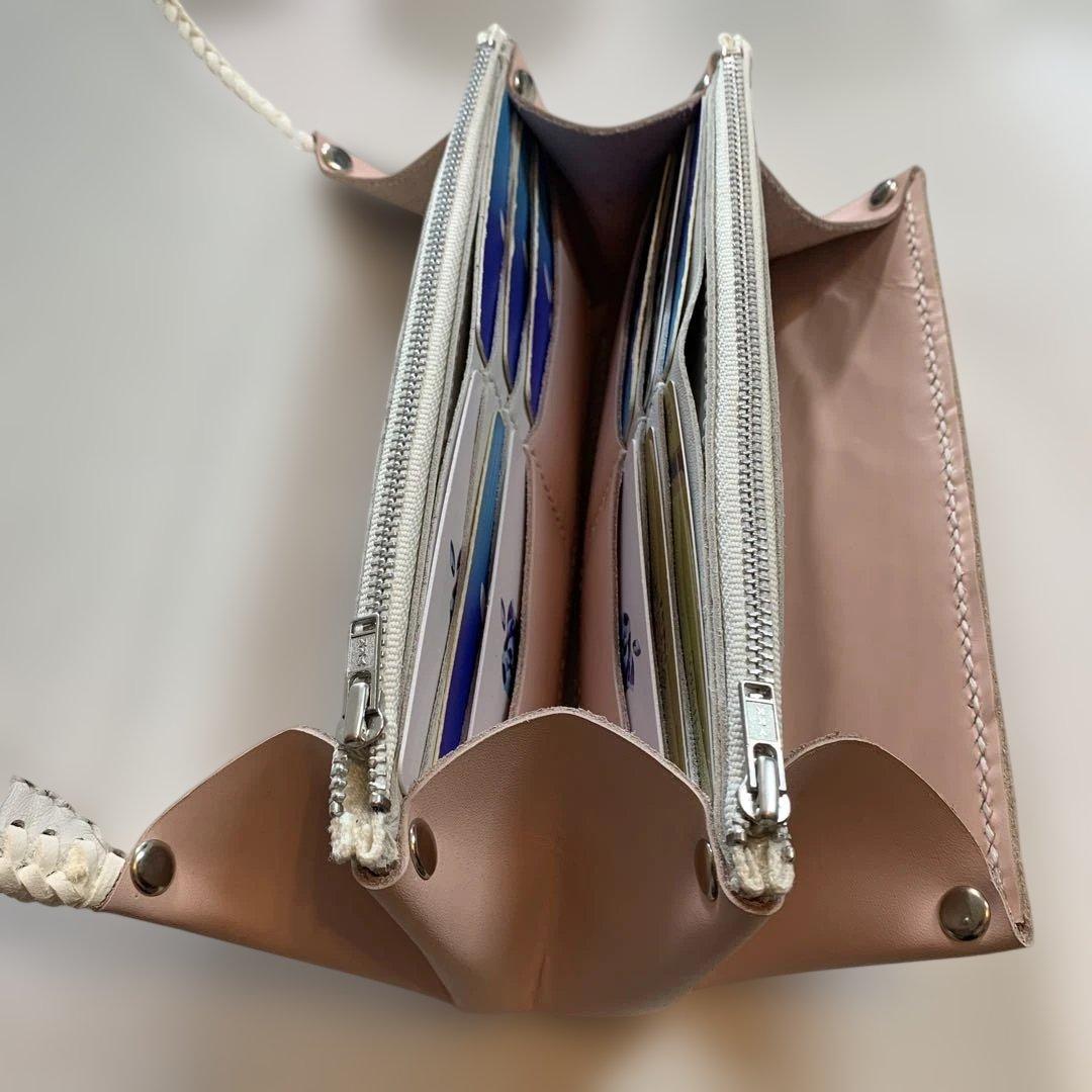 レザークラフト牛革ベビーピンクダルメシアン柄ハラコアコーディオン長財布牛レース編