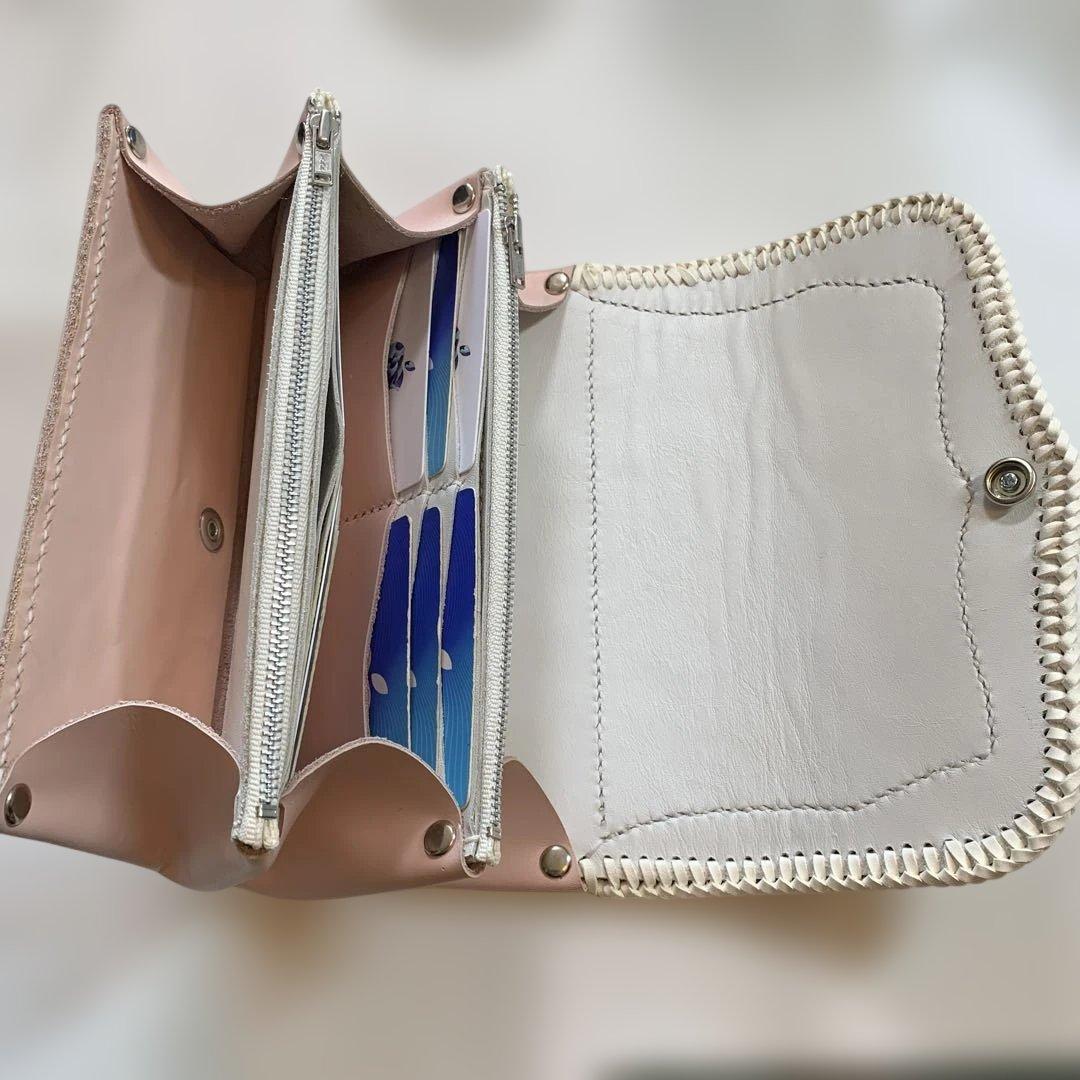 レザークラフト牛革ベビーピンクダルメシアン柄ハラコアコーディオン長財布牛レース編