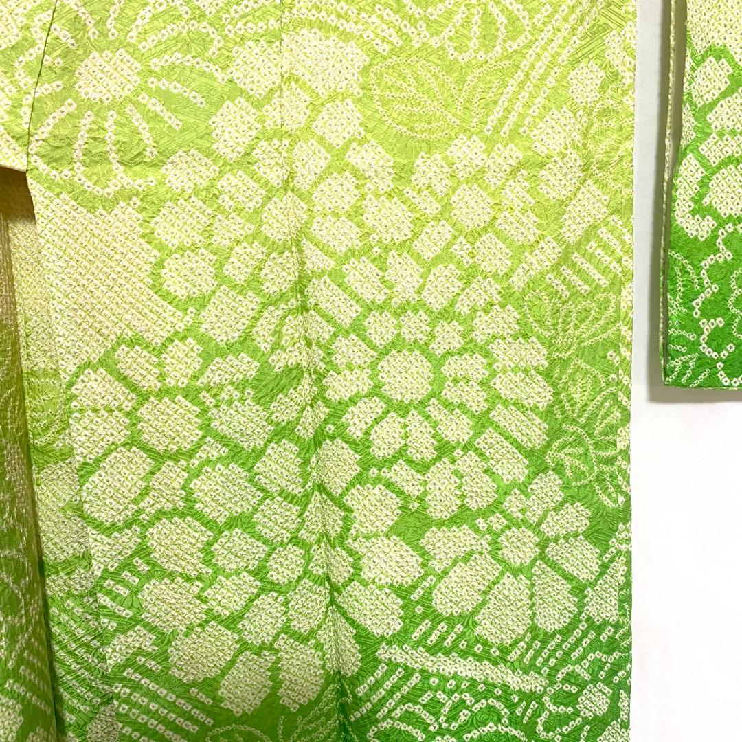 5k502 振袖 正絹 袷 総絞り 中振袖 緑 白 花柄 和装 着物