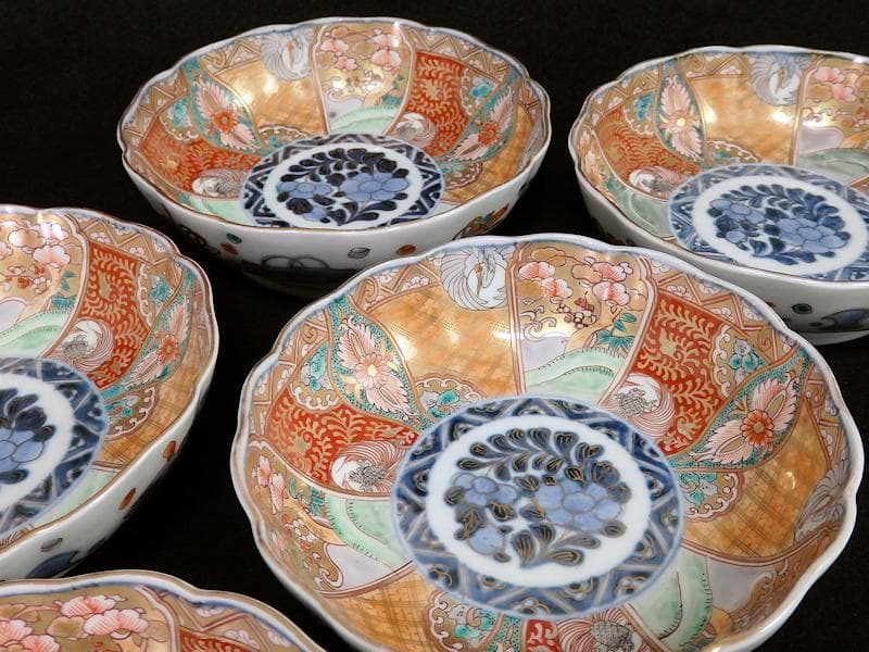 古伊万里 金襴手 松竹梅に鶴亀の図 膾皿 5客 D942AS-BNu