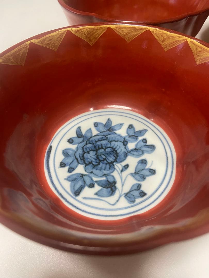 【大福】祥山 (造) 魯山人写 染付牡丹金彩赤絵鉢 5客揃