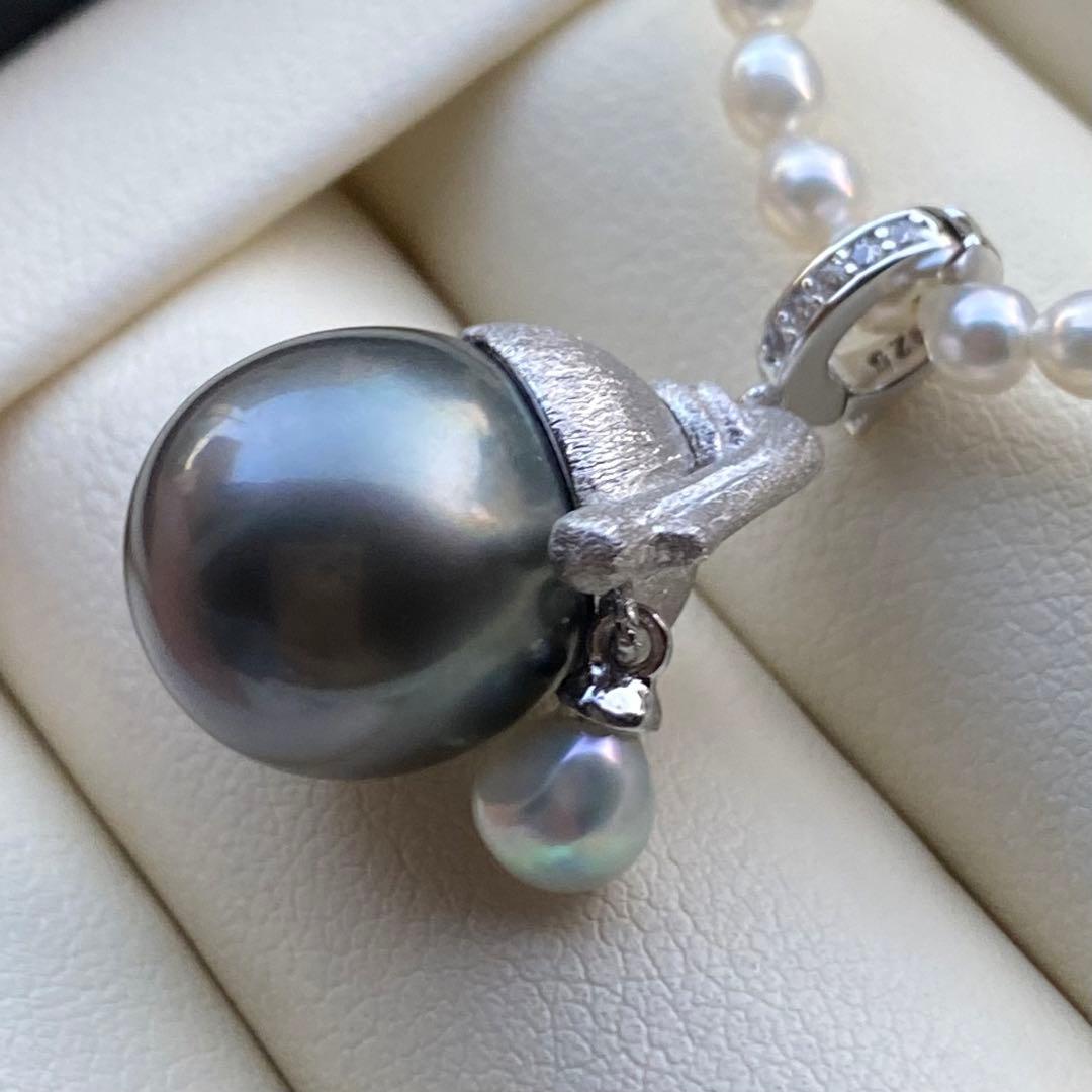 本真珠 南洋黒蝶真珠&あこや真珠ネックレストップ12mmダークグリーンPT826