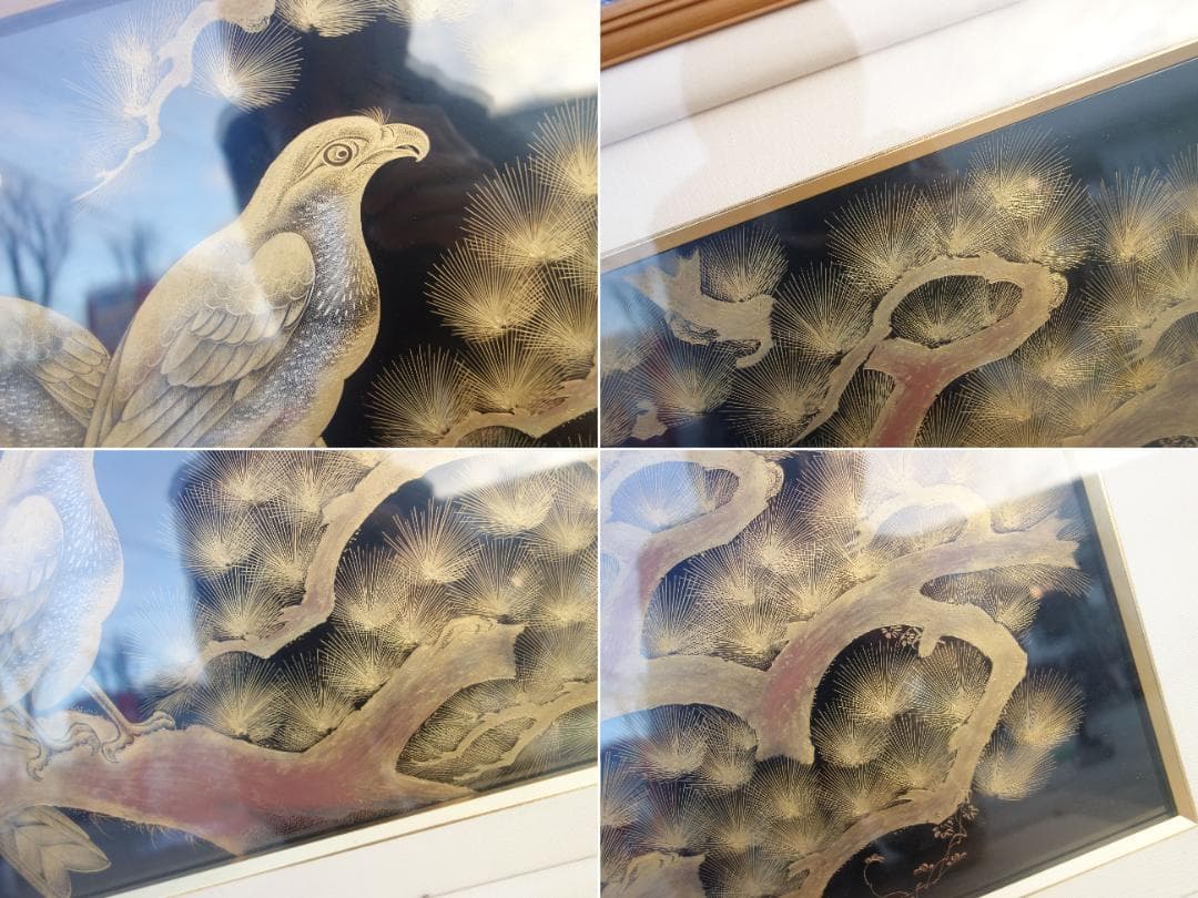 K▽森下弘堂 輪島塗 老松と鷹 沈金 額 扁額 (37424)