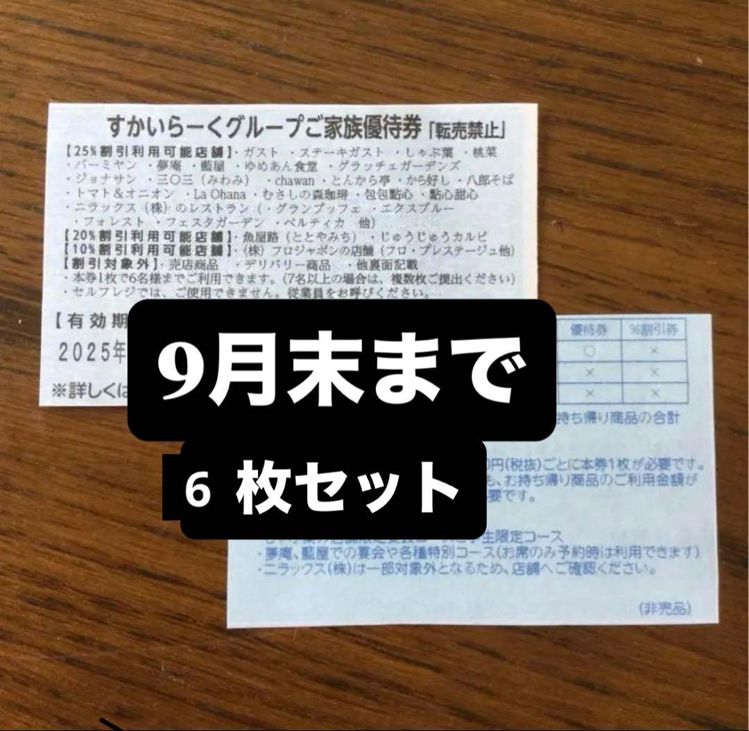 すかいらーくグループ優待券 6枚 25%割引券 2025年9月末まで