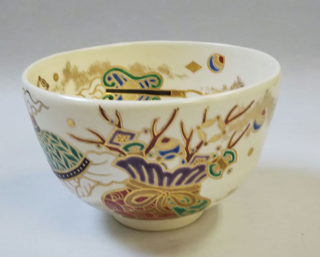 茶道具 茶碗 仁清 色絵 宝尽絵 竜谷窯 宮川香雲 新品未使用 裏千家