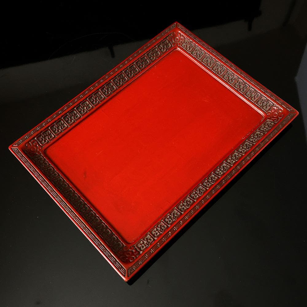 時代物 木地 堆朱 長方隅角盆 回文 雷文 雲雷文 茶懐石 鎌倉彫 折敷