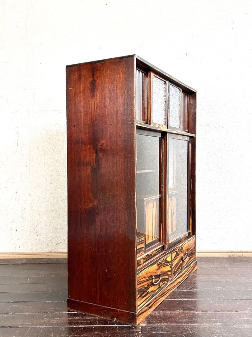 古家具 黒柿 タモ無垢 古い 茶箪笥 モール×ダイヤガラス 茶棚 飾り棚