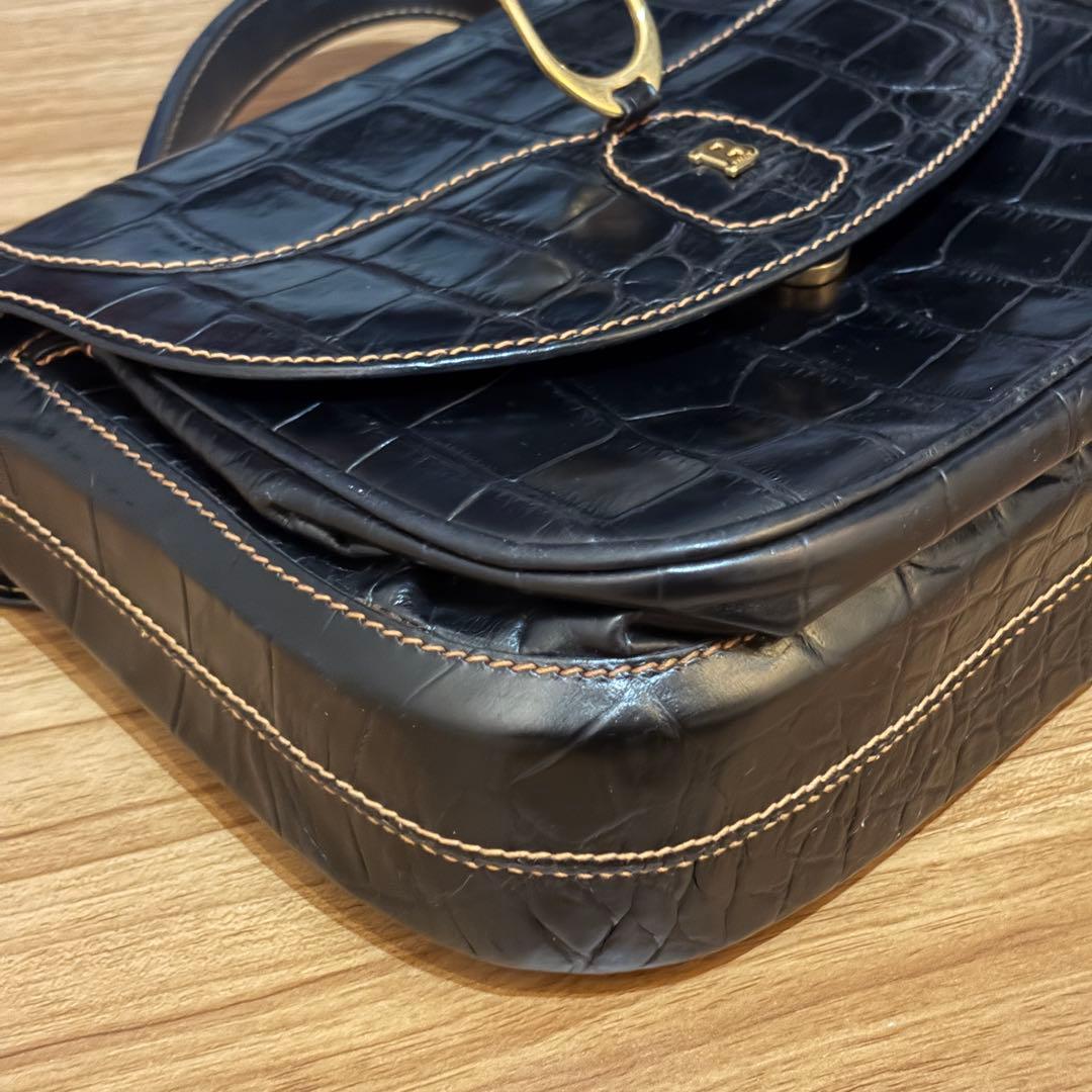 美品 BALLY ハンドバッグ クロコ 型押し Bロゴ レザー ブラック 伊製