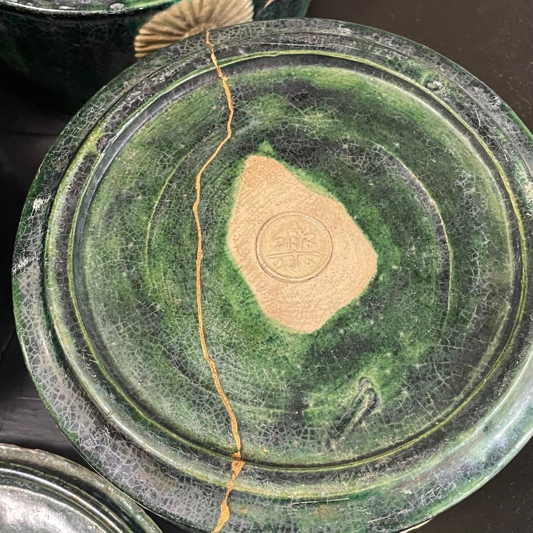 陶器 三段重箱 アンティーク 骨董品 貫入 金継ぎ 焼物
