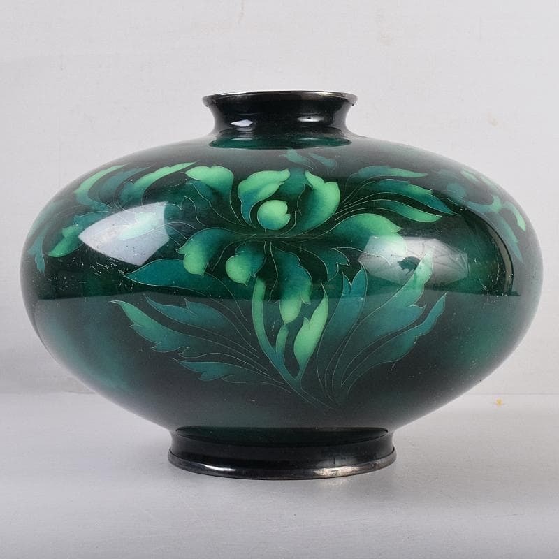 七宝焼 安藤七宝店 SILVER刻印 翡翠釉 花文 花瓶 共箱 M R8879B