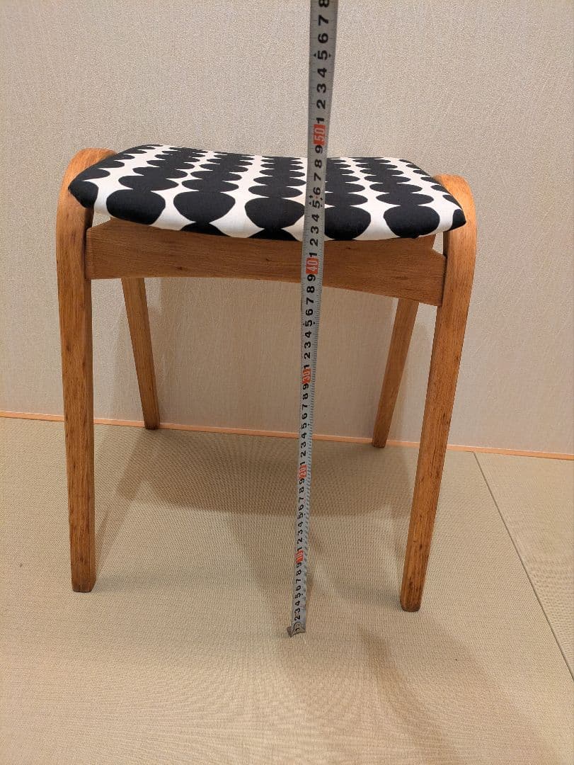 【秋田木工】木製 曲木 スツール 黒白幾何学模様 座面張り替え ハンドメイド