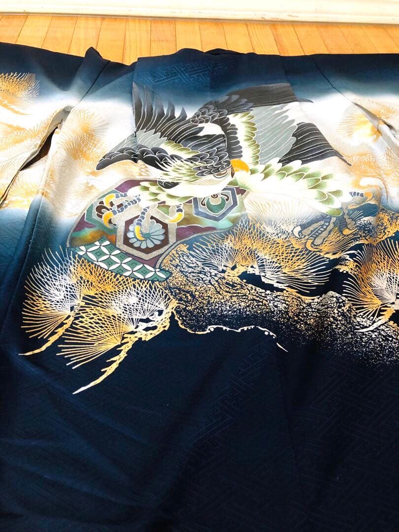 七五三五歳‼️完全️フルセット高級‼️美品紺地暈し鷹金糸刺繍煌びやか際立つ❤️家からなし