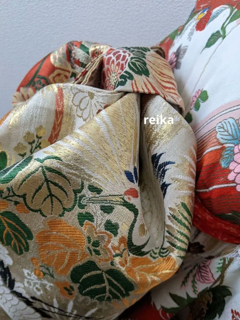 正絹袋帯からの作り帯　鶴 文庫結び　アンティーク　七五三ジュニア帯　成人式振袖