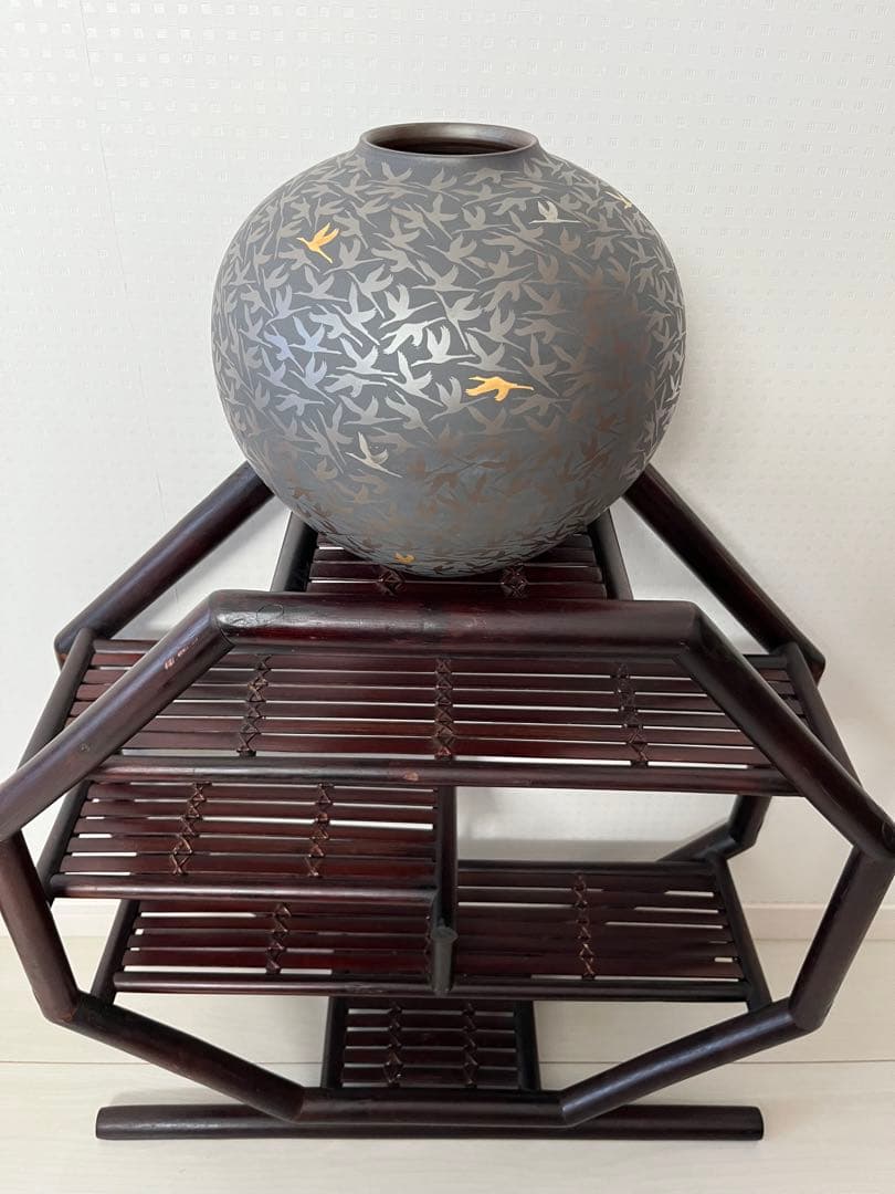 萬古輝彩鶴文壺、醉月窯、陶器、工芸品、古美術、花器、壺、飾り