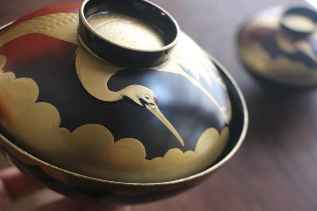 時代逸品！時代金縁黒漆に極上日の出鶴蒔絵の映えるお椀2点（検輪島塗