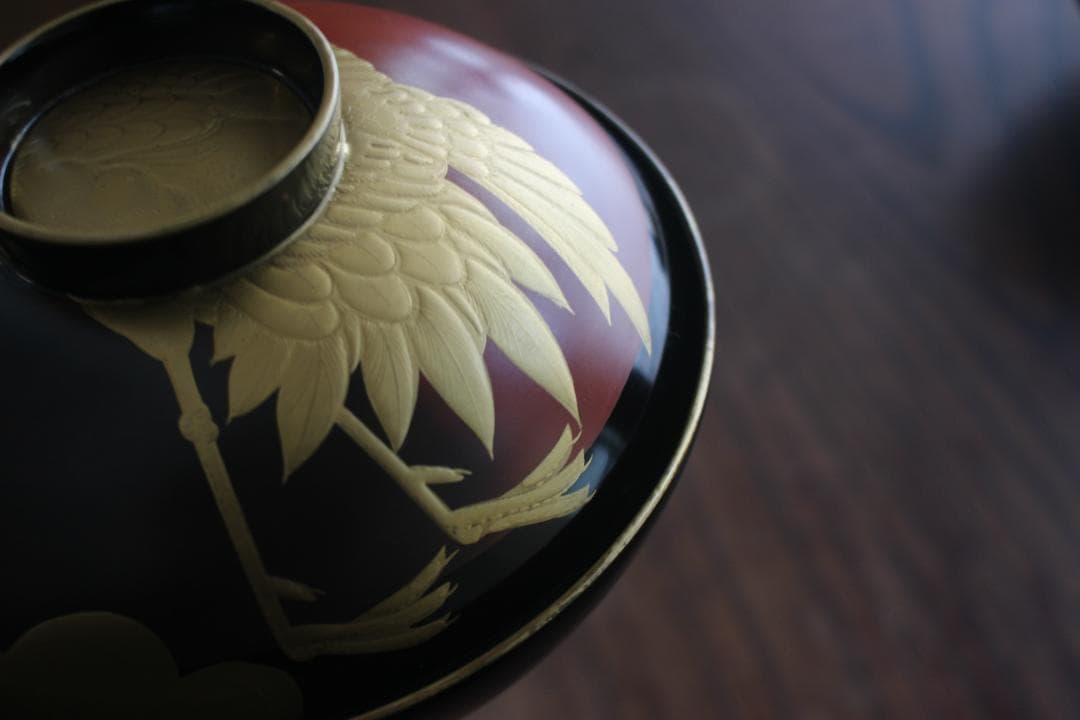 時代逸品！時代金縁黒漆に極上日の出鶴蒔絵の映えるお椀2点（検輪島塗