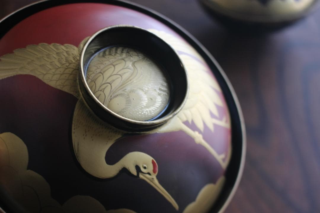 時代逸品！時代金縁黒漆に極上日の出鶴蒔絵の映えるお椀2点（検輪島塗