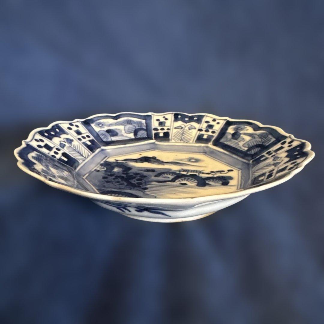 ⬛︎五寸変形皿8枚⬛︎染付手描⬛︎古伊万里⬛︎山水巻物角皿江戸