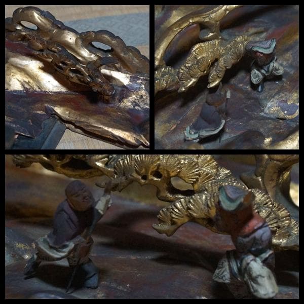 江戸末期一刀彫り高浮彫『渓流龍人物風景図』 木造彩漆金箔張る