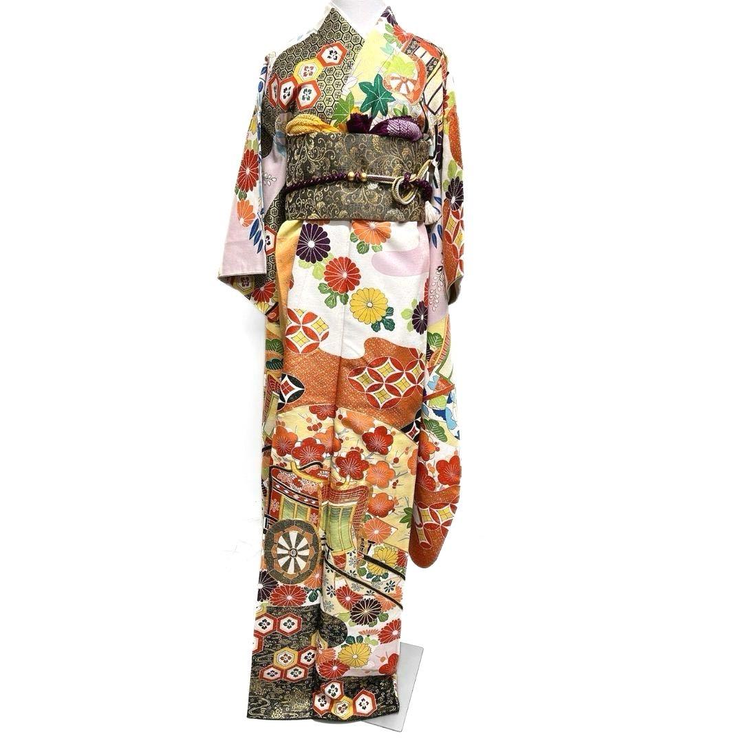 振袖 金駒刺繍 金彩 御所車 七宝 藤の花 花模様 成人式 着物 045a